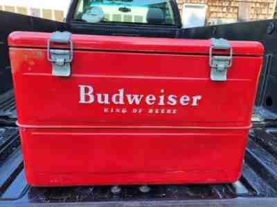 VINTAGE BUDWEISER 1950s RED METAL BEER COOLER W ORIG ICE PICK, CAN/BOTTLE OPENER