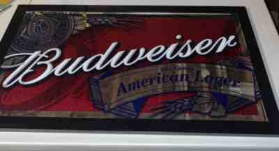 Budweiser Wood Framed Bar Wall Beer Sign Mirror Large 33.5" Great American Lager