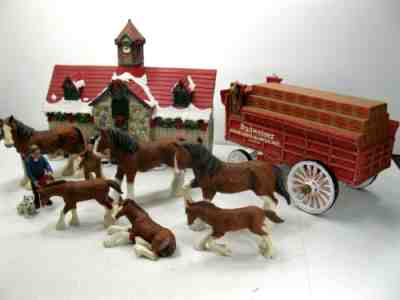 Budweiser Bradford Exchange Hawthorne Village Woodcut Stable Clydesdale Set COA