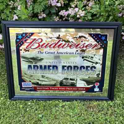 Vtg Budweiser US Military ARMED FORCES Army Navy Marines Beer Bar Sign Mirror