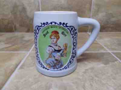 Anheuser Busch Bud Girl Stein Mug Blue Dress 1977 Ceramarte Brazil Budweiser NOS