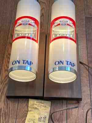 Vintage 2 Budweiser Light On Tap Beer Pair Advertising Sign Wall Sconce Lamp