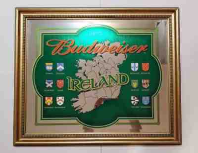 BUDWEISER MIRROR SIGN IRELAND MAP CLANS LARGE RARE GOLD FRAME 37