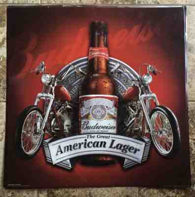 BUDWEISER THE GREAT AMERICAN LAGER WITH MOTORCYCLES TIN METAL SIGN - LARGE USED