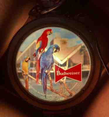 RARE Vintage 1959 Budweiser Beer Light Rotating Pocket Watch Parrot Clock Works