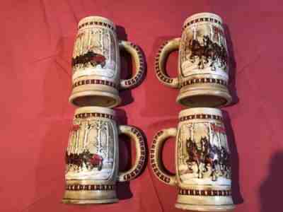 LOT x4 Vintage â??81 BUDWEISER Holiday Series Beer Steins SNOWY WOODLAND Mugs CS50