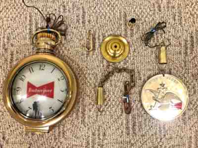 VINTAGE 1950's BUDWEISER ROTATING 2 SIDED POCKET WATCH ADVERTISING CLOCK - READ