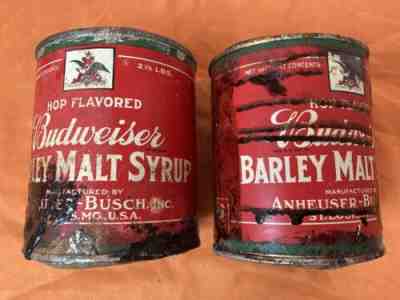 2 Antique BUDWEISER Barley Malt Syrup Beer Tins 1920s Cans LOOK (pn)