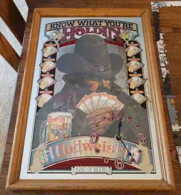 BUDWEISER Know What You're HOLDIN' POKER Cards BEER SIGN MIRROR CLOCK *IT WORKS*