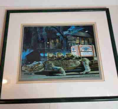 Rare Vintage Framed Art Picture Budweiser Alligator Frogs Artist Proof 4/200 COA