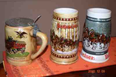 Budweiser Holiday Series Steins Mugs, 1980 with Green Cases 1981, 1982 All Mint!