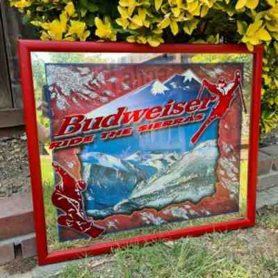 Vintage BUDWEISER Framed Glass Mirror Bar Sign Lake Tahoe Ride The Sierras