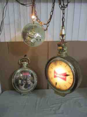 2 Vintage BUDWEISER HANGING REVOLVING POCKET WATCHS with FLOATING HANDS