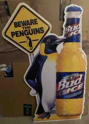 Rare Bud Ice Beer Beware The Penguins Metal Tin Bar Sign 1996 Man Cave Budweiser