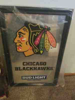 Bud Light beer Chicago Blackhawks NHL Hockey back bar mirror sign mib