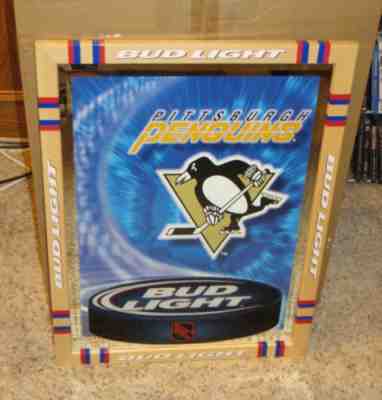 VINTAGE PITTSBURGH PENGUINS BUD LIGHT BEER HOCKEY STICK FRAME MIIRROR SIGN NHL