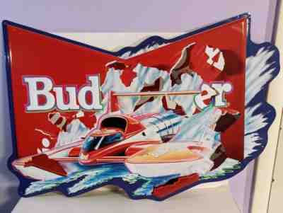 Budweiser Hydroplane Race Boat Tin Metal Beer Sign Vintage 1992 34.5