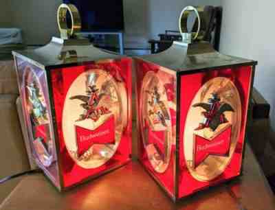 Pair of Vintage 1968 Budweiser Beer Hanging Lantern Lights Lamps Bar Signs Eagle