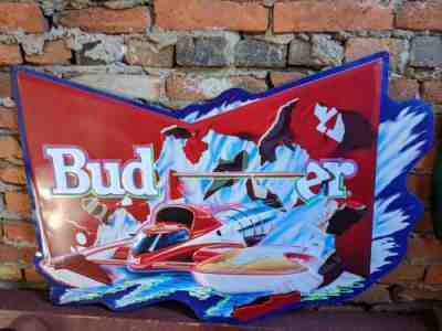 Miss Budweiser Hydroplane Race Boat Tin Metal Beer Sign Vintage 1992 34.5