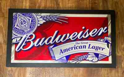 Budweiser Wood Framed Bar Wall Beer Sign Mirror Large 33.5" Great American Lager
