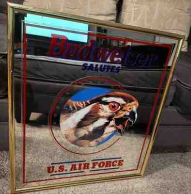 Vintage BUDWEISER BUD BEER US AIR FORCE FALCON USAF BAR MIRROR PUB SIGN 22 X 24