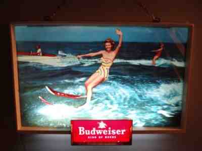 1957 Vtg Budweiser Lighted Beer Sign Boat Evinrude Outboard Motor Water Skiing