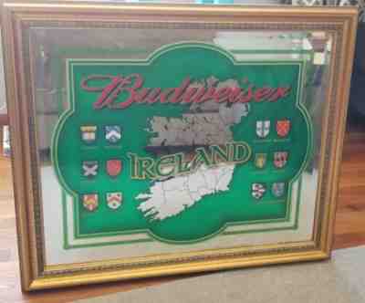 Vtg Rare Budweiser Mirror Sign Ireland Map Large Gold Frame 37