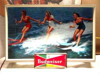 Killer 1957 Vtg Budweiser Lighted Beer Bar Sign Pinup Girls Water Skiing Lake