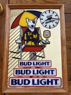 RARE VTG 1986 BUDWEISER ADVERTISING SPUD MACKENZIE PUB BAR MIRROR CLOCK SIGN 19