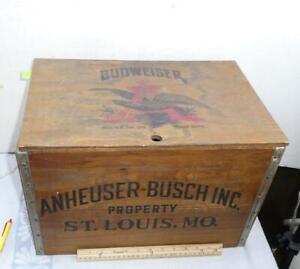 Vintage Anheuser Busch Budweiser Beer Wooden Crate Box w/ Lid Brewing St Louis