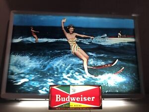 Vintage 1950’s Budweiser Beer Lighted Sign Girl Waterskiing ?lake Boat Sign Lite