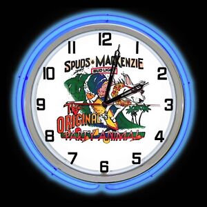 Budweiser Spuds Mackenzie Beer Sign Double Blue Neon Clock Man Cave Garage 19"