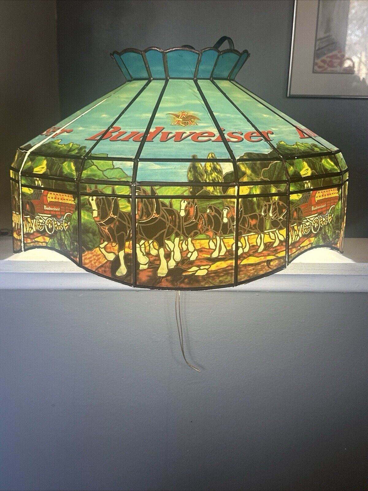 Rare Vintage BUDWEISER Beer CLYDESDALE HORSES With WAGON Hanging Bar Light