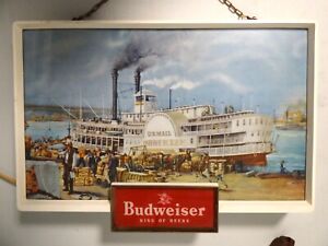 Killer 1950s Vtg Budweiser Lighted Beer Bar Sign Steamboat Robt E Lee St Louis