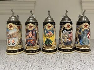 Anheuser-Busch 20th Century In Review Series Complete Set of 5 Steins with COA's