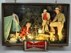 Vintage 1950s Budweiser Lighted Beer Sign Campfire Fishing Scene EXCELLENT!