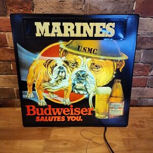 Vintage 1985 Budweiser Beer Light Sign Marines Bud Salute You Bulldog Mascot HTF