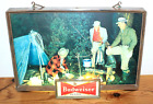 Vintage 1950s BUDWEISER Lighted Beer Sign, Camping/Fishing Fire Scene, Works!