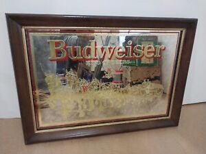 VINTAGE 1987 Framed Budweiser King of Beers Clydesdale Mirror Sign 21