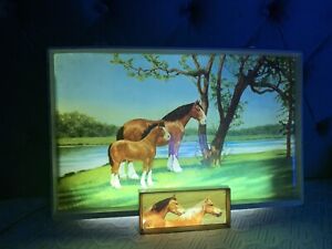 Vintage 1950s Budweiser Beer Lighted Sign Clydesdale Mare & Foal Horses GLASS