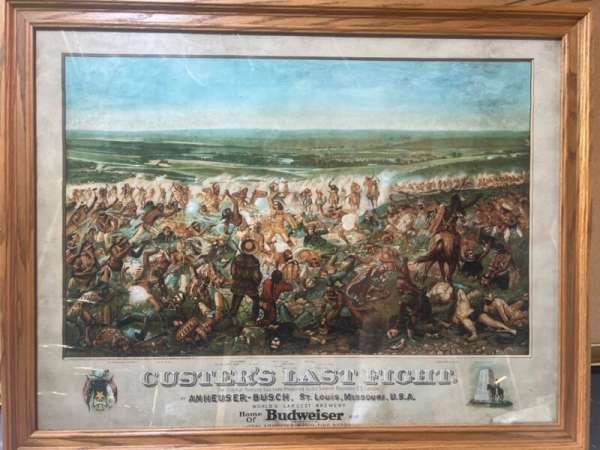 Vintage  Anheuser Busch Framed CUSTER'S  LAST FIGHT  Stand Poster Sign