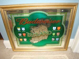 LARGE Vintage BUDWEISER Beer IRELAND Irish Clan Crest MIRROR Bar SIGN ~37