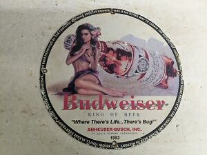 VINTAGE OLD 1953 BUDWEISER BEER BAR RESTAURANT HEAVY PORCELAIN METAL ENAMEL SIGN