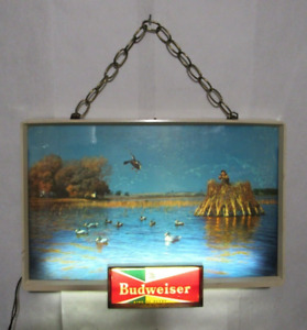 Vintage 1950s Budweiser Beer Lighted Sign Duck Blind Hunter Pond Water Hunting