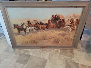 1952 Budweiser Beer western stage coach cowboys & Horses litho sign