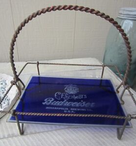 Antique C.F. Schmidt's Indianapolis Brewing Co. Budweiser Glass Bar Caddy Tray