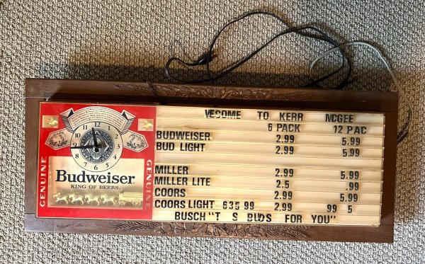 1972 VINTAGE BUDWEISER BEER LIGHTED SIGN + MENU BOARD & CLOCK