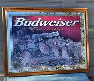 Budweiser Mirror Picture Sign Quails Wild Large Oak Color Wood Frame Beer Hunt