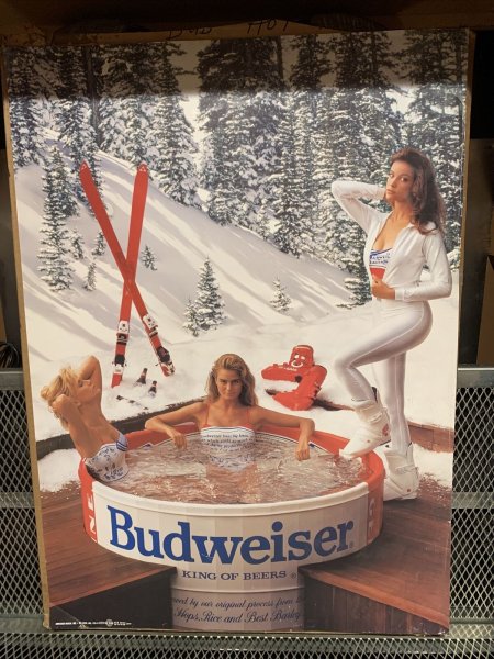 VINTAGE 1989 Budweiser Beer Poster SEXY GIRLS in Hot Tub & SKIING 20 x 28 NEW