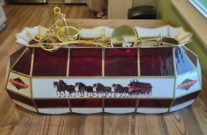 Vtg Budweiser Clydesdales Stained Glass Hanging Pool Table Bar Light 40